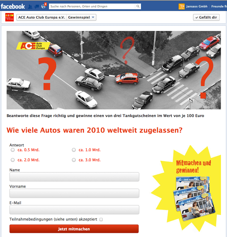 Facebook-App: Quiz für den ACE Auto Club Europa